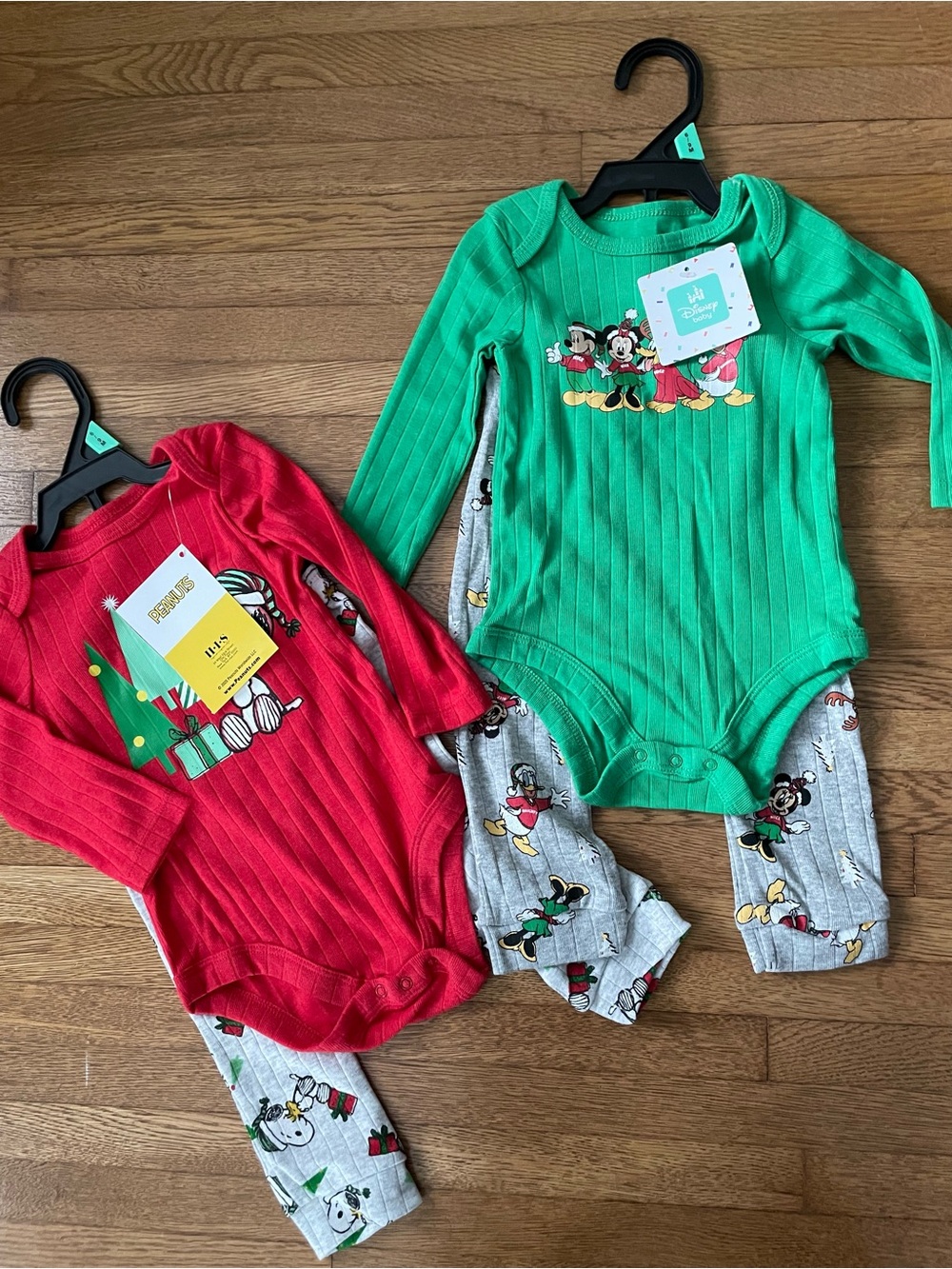 Bundle of TWO NWT Christmas outfits 6-9 months boys top pants Disney Peanuts